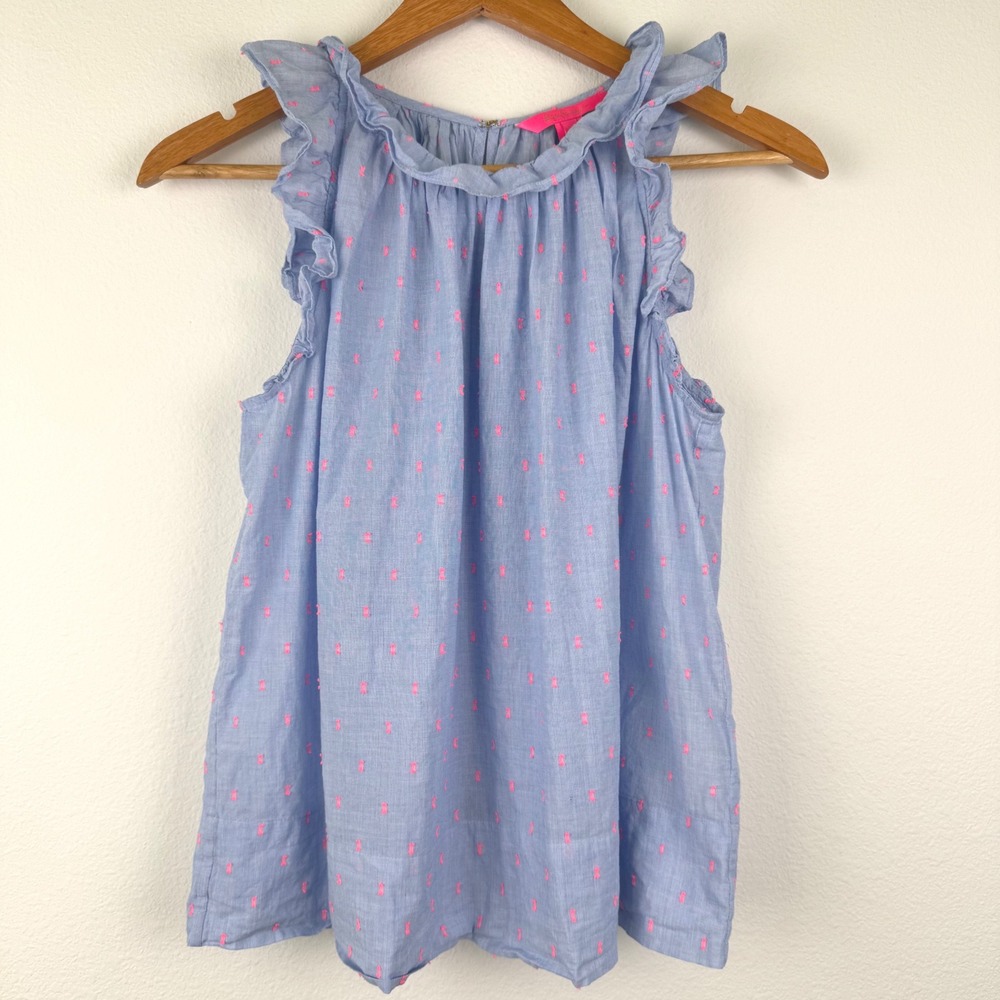 Lilly Pulitzer Sleeveless Top Womens M Blue Excellent Ruffle Clip Dot Preppy